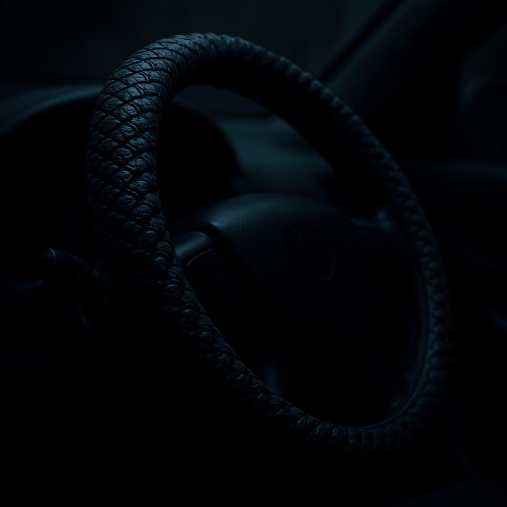 A close-up image of a black woven steering wheel, centered in dark surroundings.