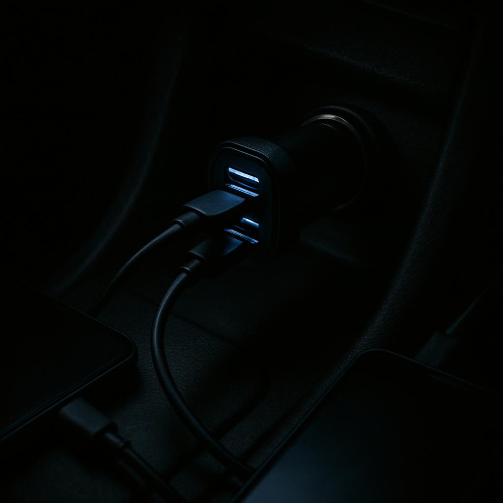 The image depicts a car charger with a cable plugged in, illuminated by blue lights emanating from its outlets. [*Above is...