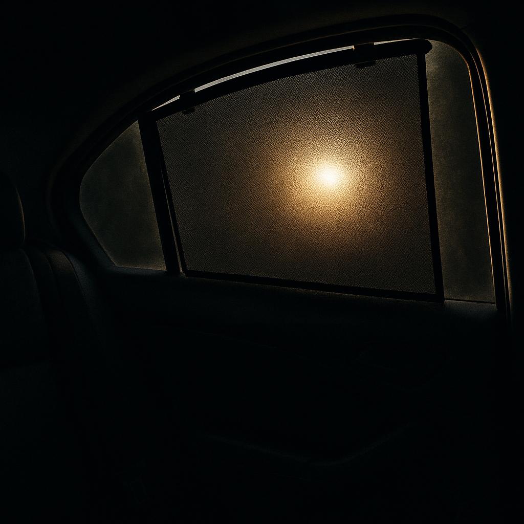 The car window is dark, with a centered light emanating from inside, illuminating the mesh screen beneath. The window has ...