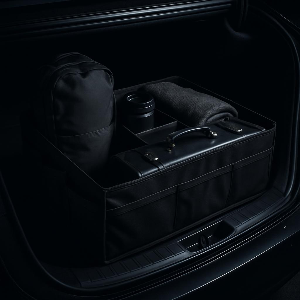 A man's large leather suitcase sits cozily nestled in the trunk of a sleek, dark luxury vehicle.