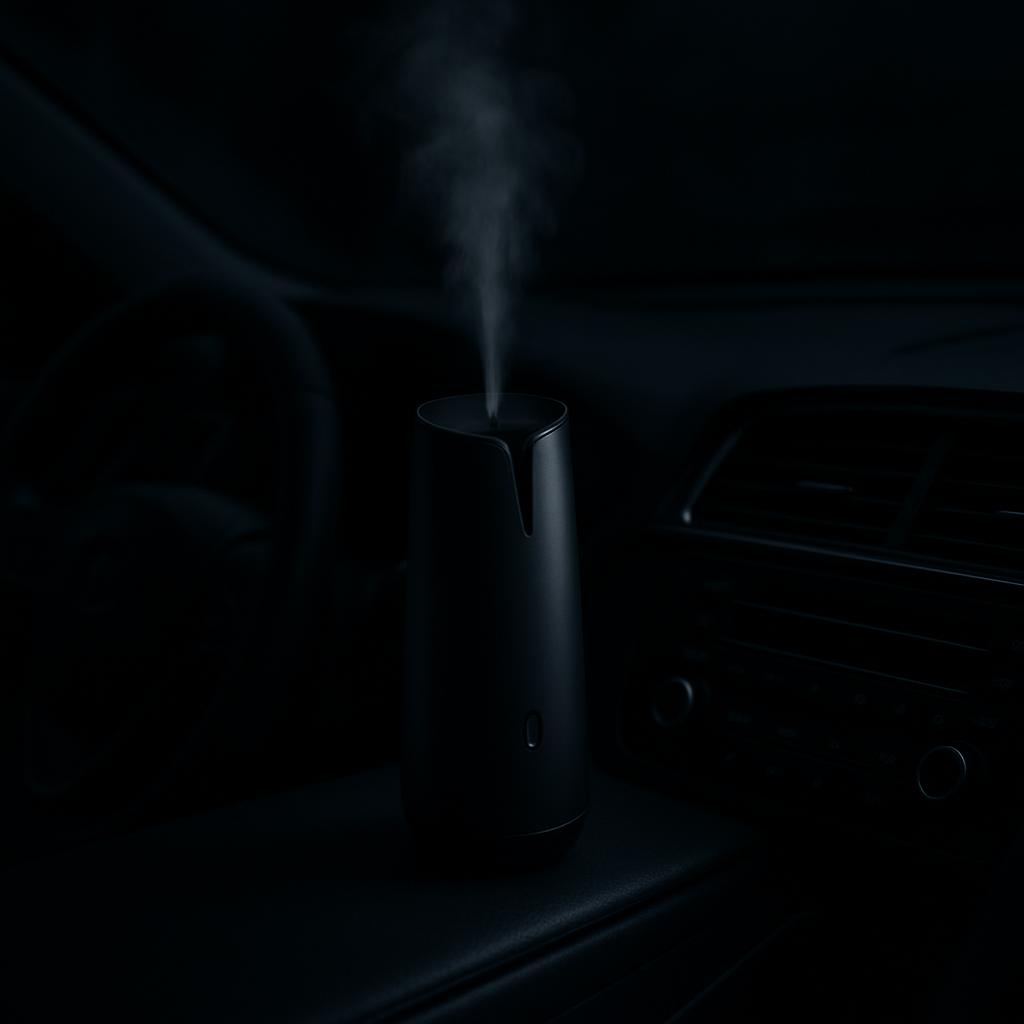 A dark, minimalist in-car humidifier announced by white fog, essential oils, and Aroma therapy慨.