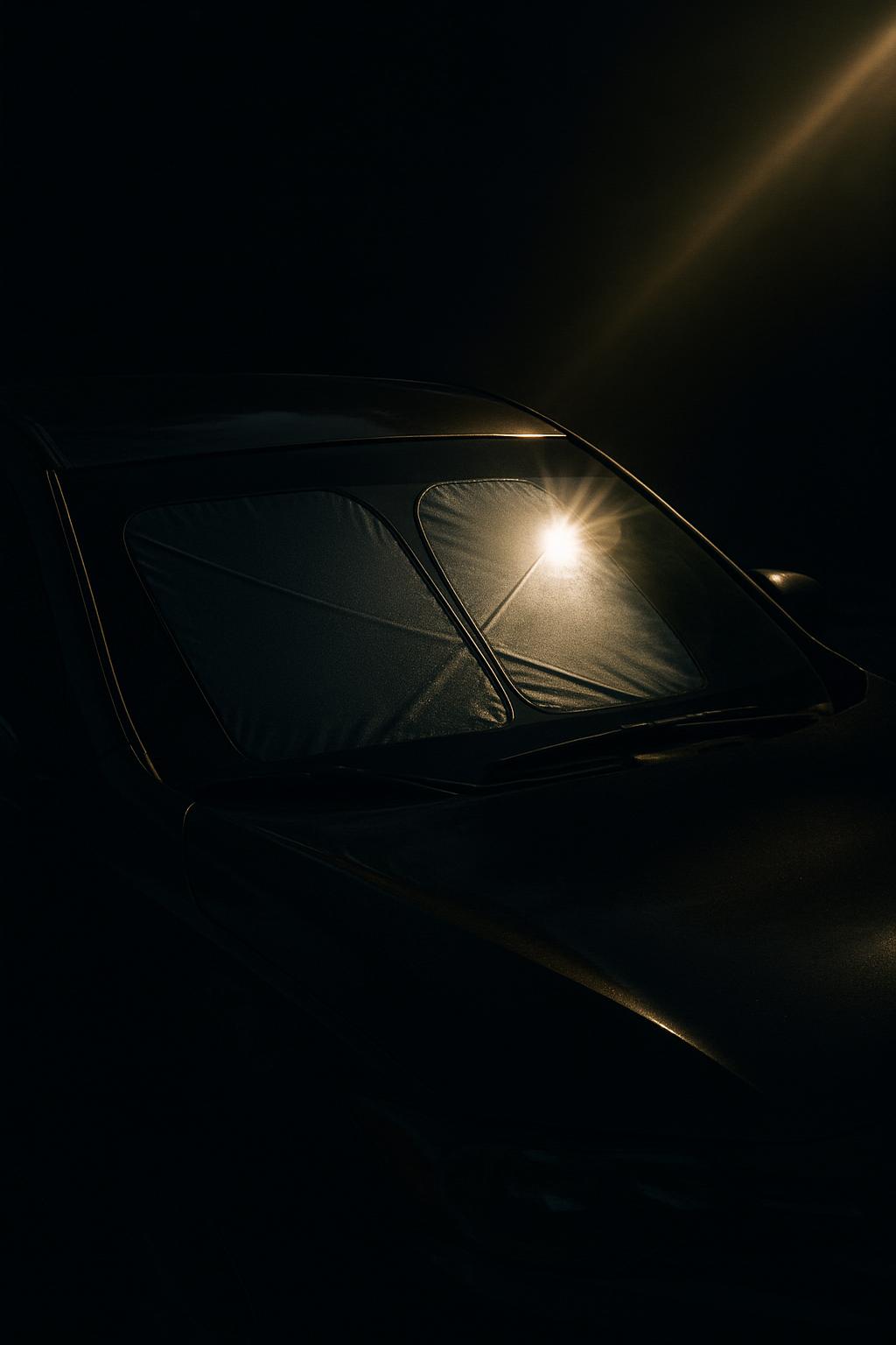 An interior car window pane shines a ray of light through the darkness of a car interior.