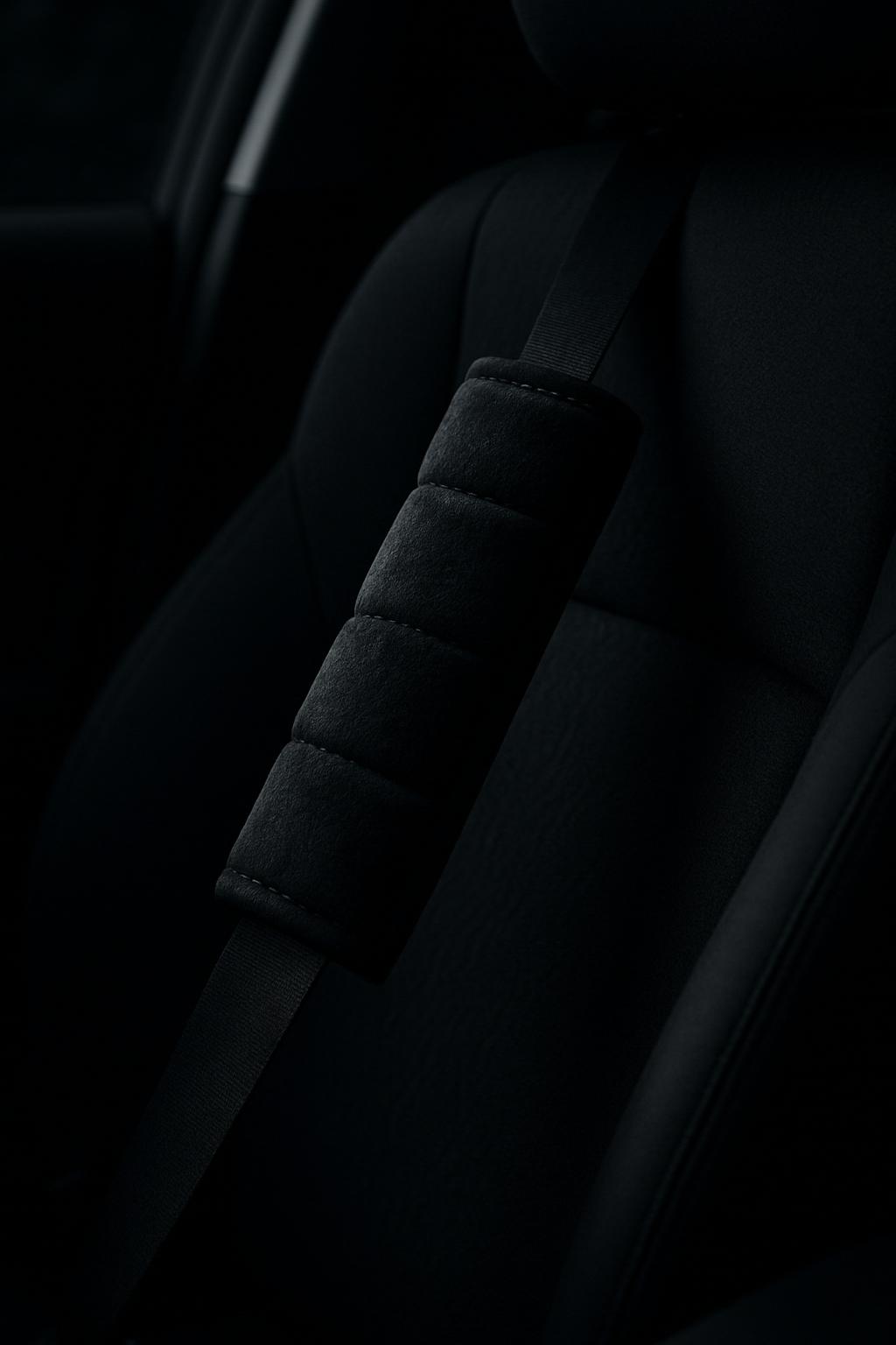 The seat belt is made of black fabric, possibly a blend of materials featuring polyester or other synthetic fibers, creati...
