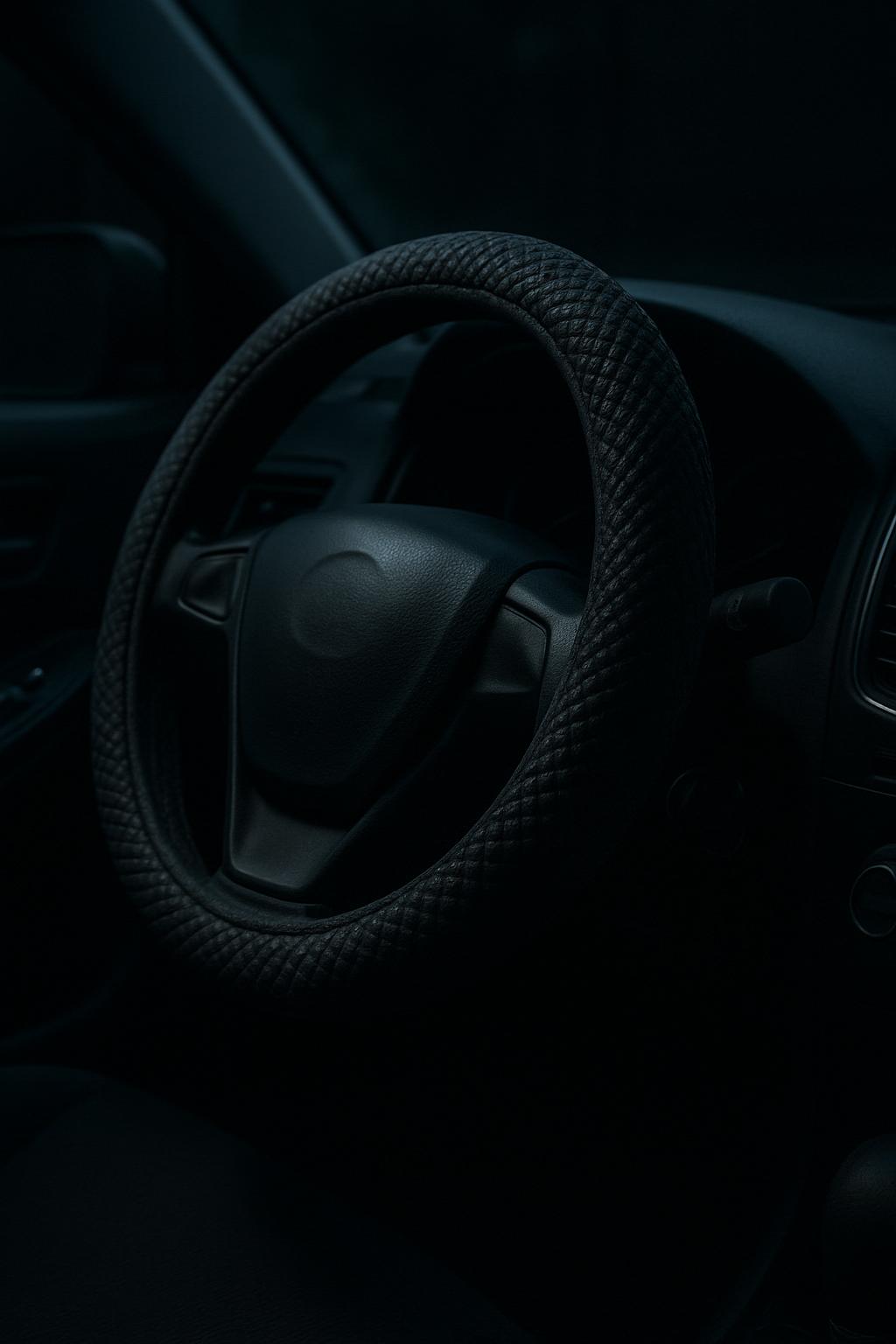 Steering Wheel - Black - Dark Car Interior Photo. A black steering wheel in a vehicle's dark interior.